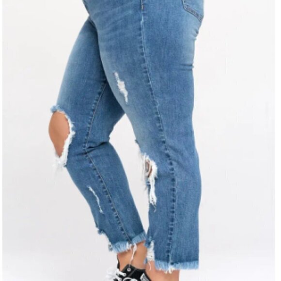 Women’s Medium Wash High Rise Distressed Raw Hem Straight Denim jeans - Picture 3 of 8